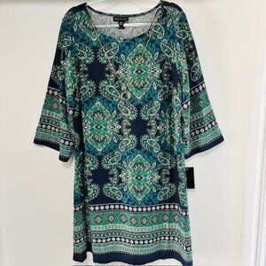 Stella & Julie Navy Green Ornate Paisley Shift Dress 20W NWT Necklace Boho Artsy